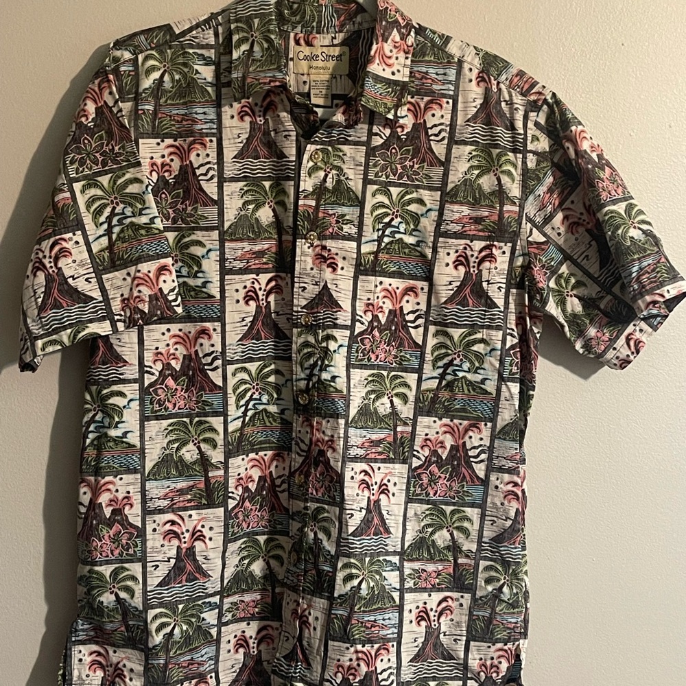 Red and Green Casual Button Down Shirt with Tropical Flair 100% Cotton